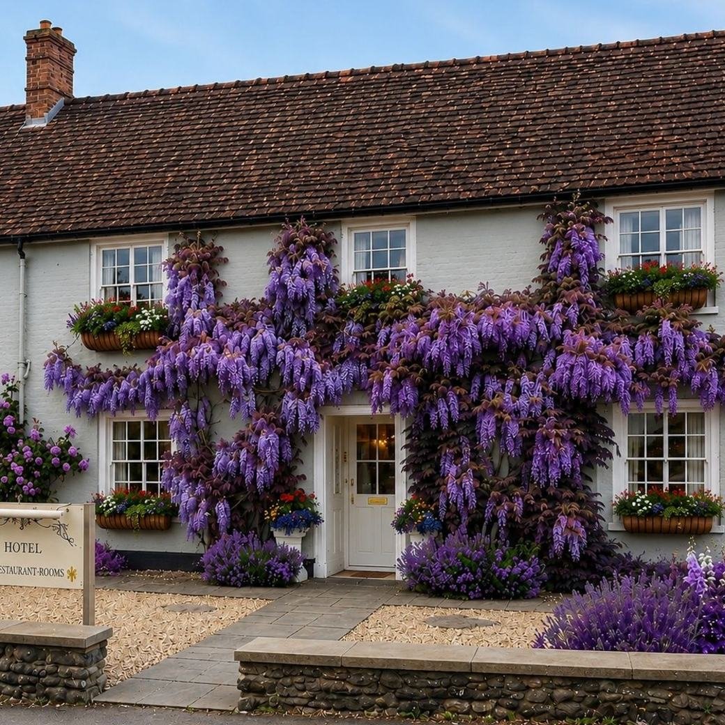 The white-painted frontage of The Meryan House Hotel, with wisteria in full flower around the entrance and window boxes in bloom